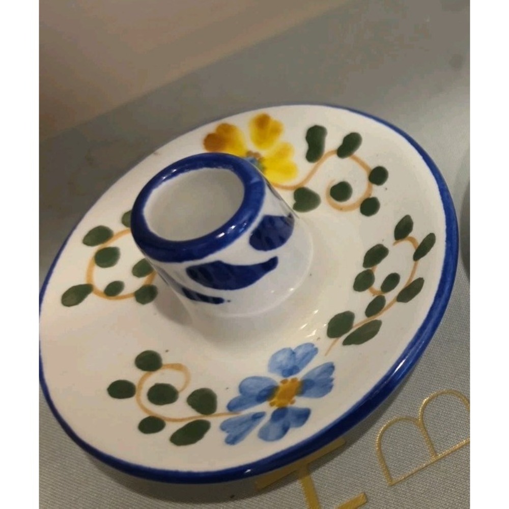 VTG Spanish Glazed Pottery Candle Holders Pair Hand Painted Floral Cuenca Spain - Picture 4 of 9